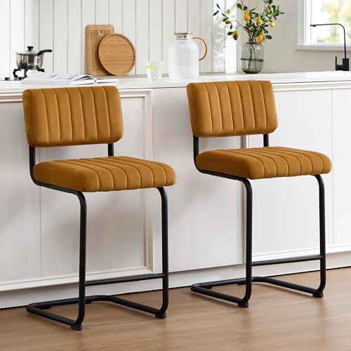 Flouki 24 Inch Bar Stools Set of 2, Cantilever Counter Height Barstools, Upholstered Mid-Century Modern Counter Chairs with Metal Base for Kitchen Island, Velvet, Orange