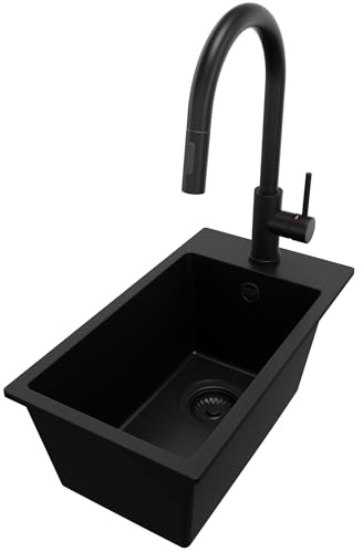PRIMAGRAN Granitspüle ab 30er Unterschrank + Küchenarmatur, 28x50cm | Set: Küchenarmatur BW9010 + Ablauf-Set (Siphon, Ablaufgarnitur, Überlauf) + Spülbecken 1 Becken - Riga, Alles Schwarz