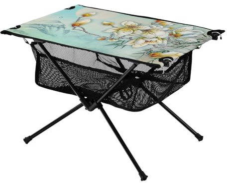 ZRWLUCKY Faltbarer Tabletttisch mit weißer gelber Blume und grünem Berg, ultrakompakter Reisetisch mit Tragetasche zum Essen, Wandern, Angeln