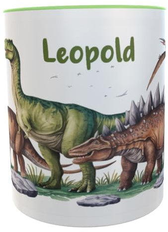 Kilala Kindertasse Dino T-Rex mit Wunschname Becher für echte Dinofans Kindertasse Dinosaurier Mug inkl. Geschenkverpackung (grün/braun)