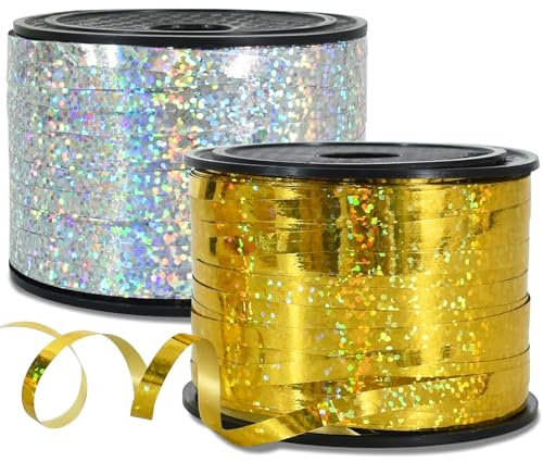 RIBBOOO 2 Rolls presentband laserband gyllene och silver – 5 mm ballongband, presentförpackning, för juldekoration ballongförslutningar, presentförpackning, bröllopsdekoration (200 yard ballongband