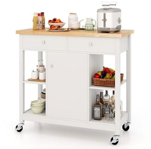 TANGZON Kitchen Island on Wheels, Rolling Kitchen Storage Trolley with Cabinet, Drawers, Rubber Wood Worktop, Adjustable & Open Shelves, Utility Serving Cart for Home Bar Dinning Living Room (White)