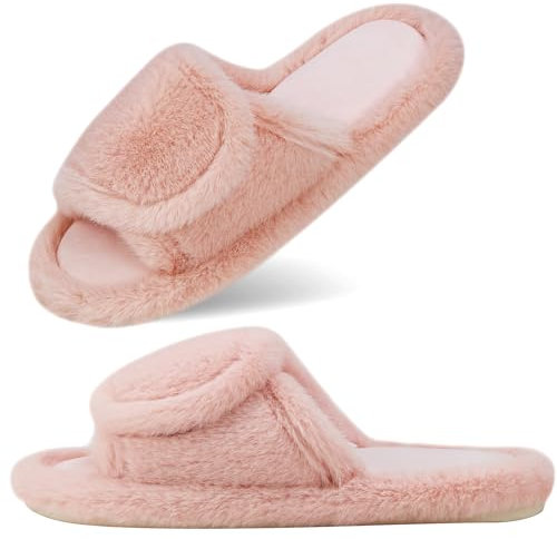 CCSOFTIME Women Fluffy Slippers,Pink Open Toe Fur Slippers with Adjustable Strap Diabetic Memory Foam Cozy Slipper Slip On House Shoes for Indoor Bedroom,Pink(UK7/8)