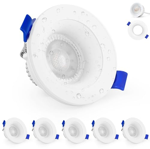 KYOTECH LED Einbaustrahler 230V IP65, 5W 500LM Deckenspots 68-75mm, Austauschbare Lichtquelle Ultra Flach 3000K Warmweiß Spots Einbauleuchten für Badezimmer Küche Wohnzimmer, Rund Weiß 6er Set
