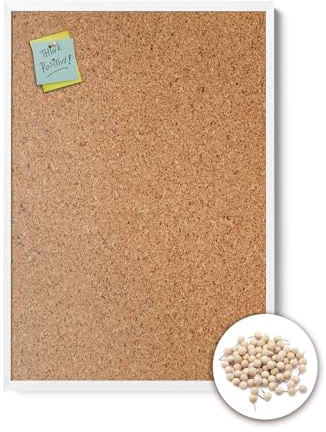 Wallfluent Korkplatte Wand 70x50 cm für Büro Schule und Zuhause 1,5 cm Dicke Pinnwand Kork Memo Board mit Rahmen mit Weißer Rahmen aus Kunststoff Naturkorkschicht Mit Pushpins