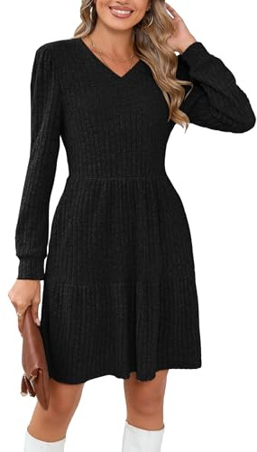 Famulily Women's Long Sleeve Jumper Dress Ladies Casual Tunic Party Dress High Waist Loose Knitted Christmas Sweater Dresses Black L