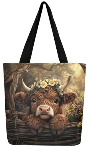 Loussiesd Hochland Rinder Leinwand Einkaufstasche 3D Hochland Kuh Stofftasche Nettes Tier Western Dekor Tragetasche Bauernhaus Wildlife Handtasche Bauernhaus Rinder Bull Stoffbeutel