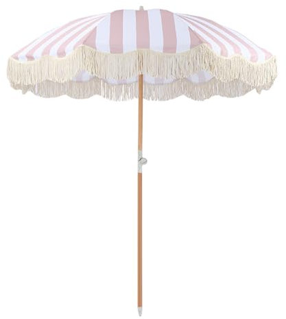 Générique Parasol de Plage avec Frange, 8 Baleines en Fibre de Verre，Outdoor Parasol de Jardin Portable avec Mât en Bois et Sac de Transport