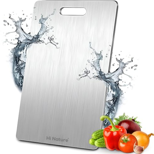 HI NATURE™ Planche à Découper Inox – Acier Inoxydable Épais 34x23 cm – Antibactérienne, Résistante à la Chaleur – Design Ergonomique – Passe au Lave-Vaisselle