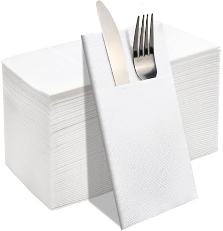 JEBBLAS 40x40cm Disposable Pocket Napkins, Cloth Like Napkins Built-in Flatware Pocket, Wedding Party White Napkin, Prefolded for Silverware,50 Count