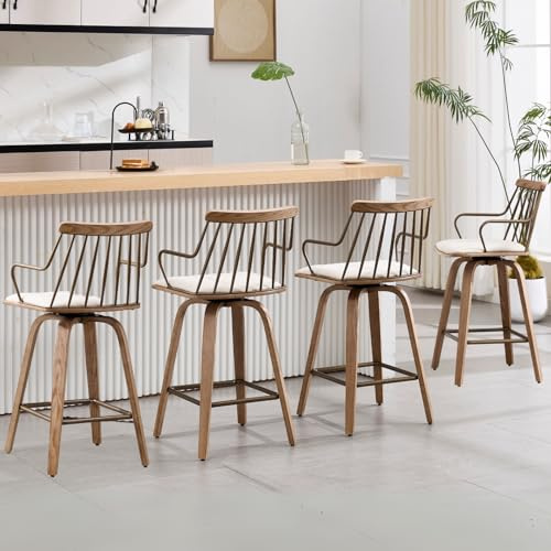 26 Inch Counter Height Bar Stools Set of 4, Swivel Counter Stools with Curved Arm and Footrest, Upholstered Wood Barstool with Metal Fence-Like Back for Kitchen Island Home Bar Pud(Beige Linen)