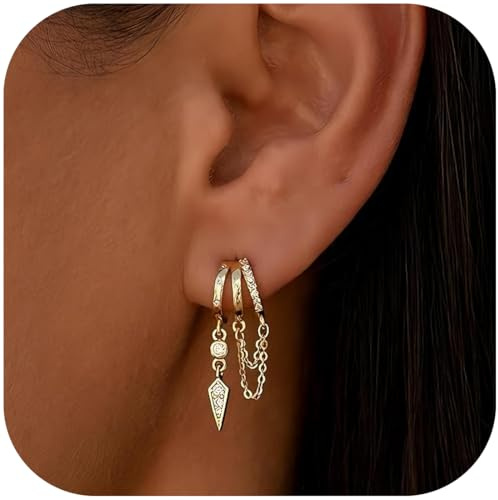 EJRUP Boucles d'oreilles Pendantes pour Femmes, 14K Or Plaqué Triples Huggie, Belles Boucles d'oreilles Chaîne, Délicates Pendentifs Bijoux pour Femmes, Bijoux Or Plaqué Tendances, 1 Paires