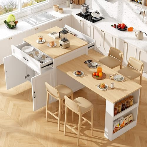 Lahoomu Ausziehbarer Stehtisch mit Stauraum (133-202×70×93,5cm), Kücheninsel-Ausziehtisch für 2-6 Personen, Küchen-Esswagen mit Seitenablagen, Weiß