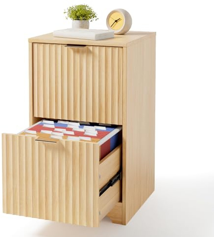 VINGLI 2 Drawer File Cabinet, Home Office Filing Organizer, for Letter Size File Folder Storage, Modern Style Fluted Design, Wood Vertical Filing Cabinet, Printer Stand, Archivador (Oak)