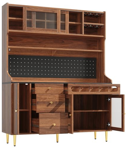 Easexcy Armarios altos para salón, armario de cocina, armario de comedor, armario de salón con estantes ajustables, cajón con estante para vino, 145 × 39 × 171 cm (color nogal)