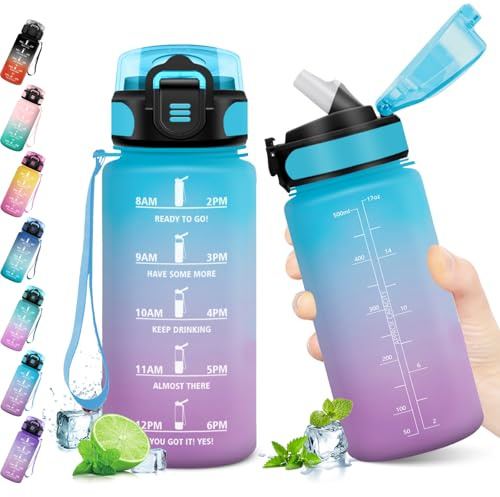 JAPORIA Borraccia 500ml con Cannuccia, a Prova di Perdite, Riutilizzabile & Indicatore del Tempo, Bottiglia Acqua per Sport, Scuola, Gym, Ufficio, Yoga