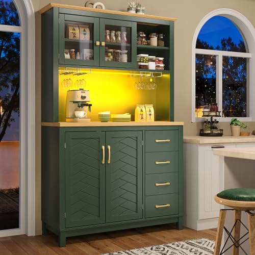 Moimhear Mobile da cucina, armadio a buffet, 104 x 40 x 180 cm, stile rustico, 4 ante, con striscia luminosa a LED e portabevande (verde)