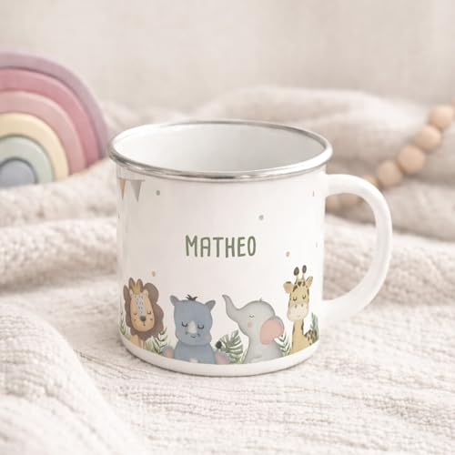 hellomini Personalisierte Emaille Tasse für Kinder, Kindertasse mit Wunschmotiv, Kinderbecher mit Namen, Geschenk zum Geburtstag für Mädchen und Jungs, (Safari)