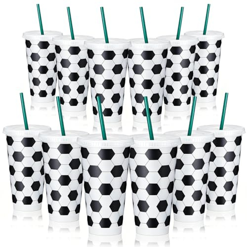 Zinueen Set di 12 tazze da calcio, 710 ml, con coperchio e cannuccia, riutilizzabili per feste, senza BPA e lavabile in lavastoviglie