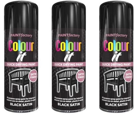 Paint Factory Colour It Black Satin Spray Paint, Quick Drying, for Metal, Plastic and Wood, 400ml, Pack of 3