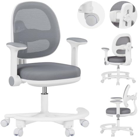 MARK ADLER Junior 3.6 Ergonomischer Schreibtischstuhl für Kinder – Grau | Mitwachsender Drehstuhl 90-160 cm - Höhenverstellbar - Mit Fußstütze - Klappbare Armlehnen 0-90°