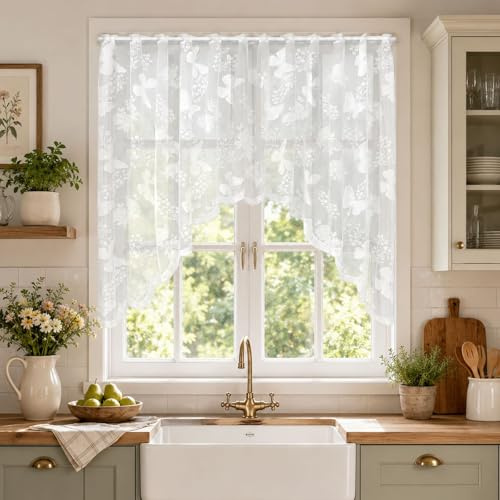 OMJMYY Scheibengardine Bistrogardine 2er Set, H120 x B160, Weiß | Lichtdurchlässig Küchengardinen, Modern Landhausstil, Für Küche Modern Landhausstil Wohnzimmer Küchevorhänge Schlafzimmer