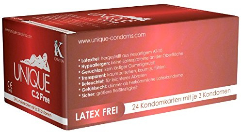 KAMYRA Unique C.2 FREE Condom Card, rot- latexfreie Kondome, mit flacher Basis ohne Ring - auch mit ölhaltigen Gleitmitteln verwendbar, 24 x 3 Stück