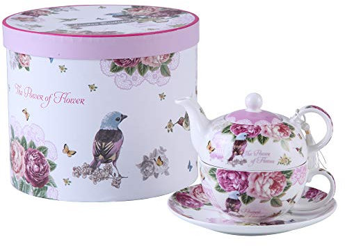 Tea for One, London Boutique Teapot Cup Saucer Set Gifts for Women Tea Set for 1 New Bone China Vintage Flora Gift for Her 350m (Bird Rose Butterfly)