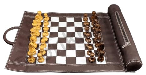 Stonkraft Schachbrett, 48,3 x 38,1 cm, Größe 30,5 x 30,5 cm, echtes aufrollbares Leder-Schachspiel mit Schachfiguren aus Holz (braun) – Leather Chess with Innovative Carry Pouch