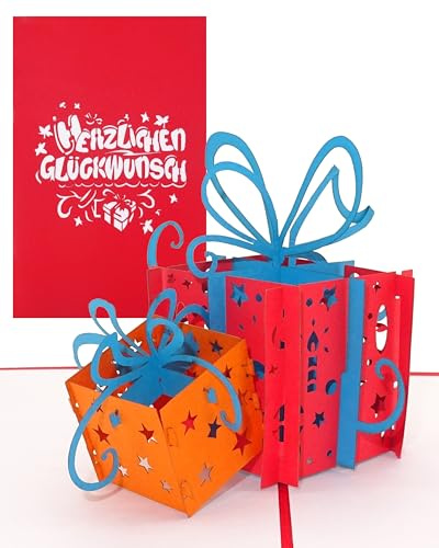 Pop Up Geburtstagskarten mit Umschlag im 5-er Set. 5x Glückwunschkarte „Bunte Geschenke“ 3D Karten zum Geburtstag & Namenstag