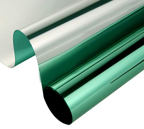 One Way Mirror Reflective Window Privacy Film Heat Insulation Anti UV Window Tinting Glass Vinyl Day Privacy Protection for Home and Office, 24 Inch x 10 Feet, Green Silver