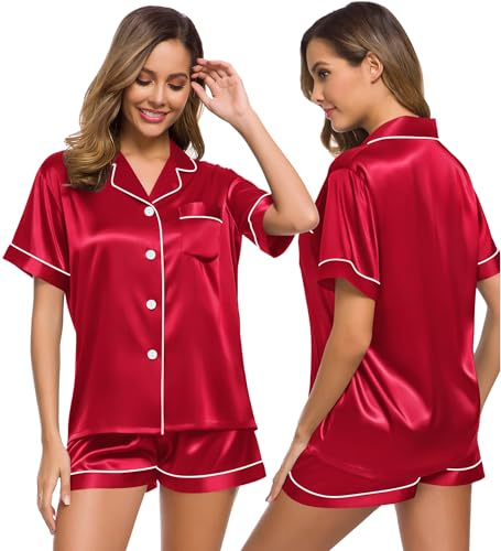 SWOMOG Womens Silk Satin Pajamas Set Two-Piece Pj Sets Sleepwear Loungewear Button-Down Pj Sets