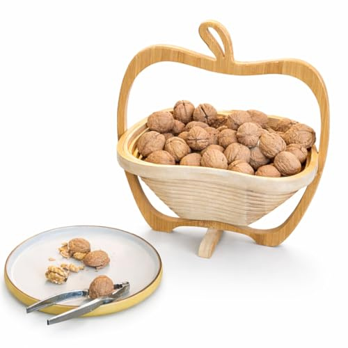 VR7 Faltbare Apfel-Obstschale aus Holz, Apfelform, Bambus-Obstkorb für Küche, natürliches Holz, Schneidebrett, einzigartiges Design, Faltschüssel, Hausdekor-Zubehör