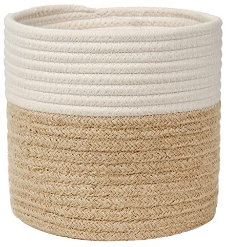 Cesta tejida de cuerda de algodón, maceta de yute para almacenamiento de hilo de algodón, 20,32 x 20,32 cm pulgadas para plantas pequeñas, macetas, manualidades, juguetes, decoración rústica del hogar