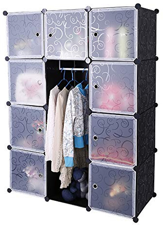 AufuN DIY Kleiderschrank Regalsystem Schuhregal mit Kleiderstange, modularer Kombischrank, platzsparendes Steckregalsystem, Bücherregal Tragbarer Faltschrank (12 Würfel, Schwarz)