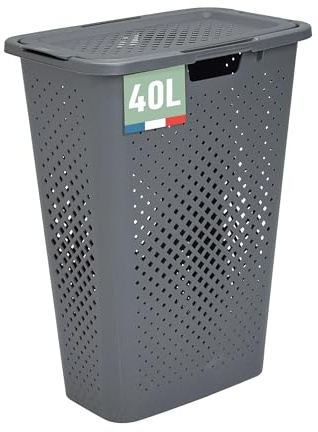 SUNDIS Pixel, Wäschekorb mit deckel 40l, aus Kunststoff, grau | Ideal für kleine Räume, 2 seitliche Griffe und 1 Griff an der Unterseite, Belüftung an allen 4 Seiten