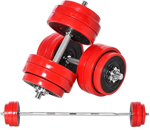 HOMCOM Set di Manubri Pesi 2 in 1 da 30kg, Dischi con Rivestimento in Plastica Antigraffio, Rosso e Nero