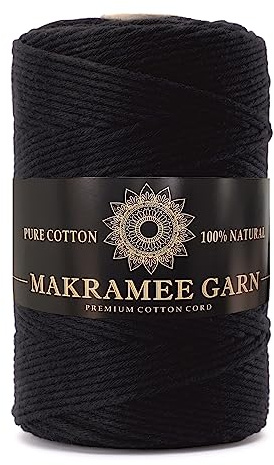 Makramee Garn. Baumwollgarn Kordel. 100% Natur Baumwoll-Kordel. Perfekt für Basteln, DIY, Handwerk & Stricken. 100% Natur Baumwollgarn, Dicke Macrame Cord (Schwarz, 3mm/200m)