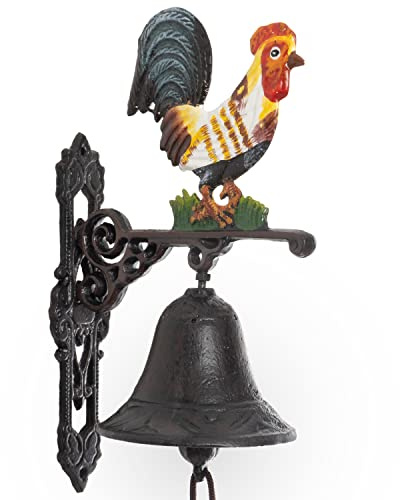 Moritz Türglocke Hahn 50 cm Gusseisen Wandglocke Gartenglocke Deko rustikal | Bunter Bauernhof-Hingucker – wetterfest, mit Zugkordel und Klöppel, heller Klang, als Geschenk