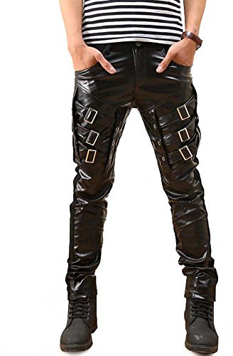 Idopy Men`s Rock Punk Hip Hop Faux Leather Motocycle Pants (38, Black)