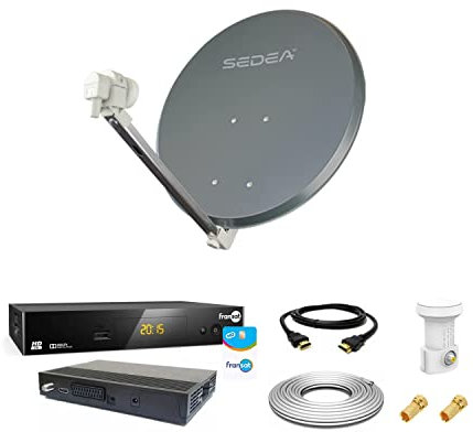 Kit Antenne Parabole Acier 65 cm 36,5 DB Anthracite + LNB Single 0,1 DB Full HD 4K Ultra HD + Décodeur DSR 3031F FRANSAT + Câble coaxial 20m + Câble HDMI + 2 fiches F
