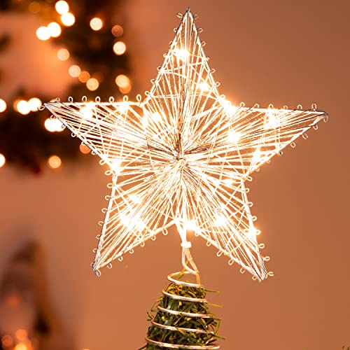 Joiedomi Weihnachtsbaumspitze, batteriebetrieben, silberfarbene Stern-Baumspitze, beleuchtet mit warmweißen LED-Lichtern für Weihnachtsbaumdekorationen, Urlaubsparty, Innendekoration