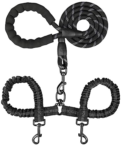 MingXpets Double Dog Leash, Dual Dog Leash, 360° Swivel Tangle Free Bungee Walking Training for Large Medium Dogs, Shock Absorbing Bungee Reflective for Two Dogs, 18~120 lbs, Black