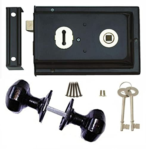 Haven Heritage Deadbolt Door Lock Cast Iron Knobs/Handle - Shed Llock, Garden Gate Lock with Key, Rim Lock Door Knobs, Gate Dead Bolts with Keys Rim Lock Set 6x 4 (Lock + Black Cast Iron Handle)
