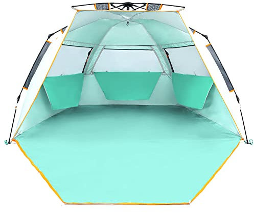 WolfWise Strandmuschel mit Schnellaufbau für 3-4 Personen – UV-Schutz 50+, Wasserabweisend, Privater Raum mit Reißverschlusstür & Mesh-Fenstern, Tragbar Strandzelt für Familie & Camping, Minzgrün