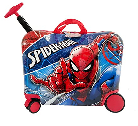 Fast Forward Spiderman Ride on Luggage for Kids, 18'' Suitcase with Seat for Kids, Cute Lightweight Travel Trolley