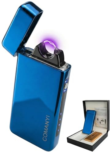 COMANYI Accendino Elettronico USB Ricaricabile Accendino Ad Alta Potenza Fiamma Accendino Antivento Torcia Accendino Con Scatola Regalo Festa, Compleanno, Regalo Maschio e Femmina (Blu)