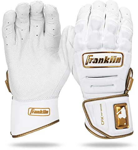 Franklin Sports MLB Schlaghandschuhe – CFX Pro PRT Heavy Duty Schutz-Baseball + Softball Schlaghandschuhe – Erwachsene gepolsterte, verstärkte Leder-Schlaghandschuhe – Erwachsene Medium – Weiß + Gold