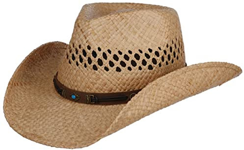 Stetson Rifterson Raffiahut Naturfarbener Westernhut Garniturband Strohhut Geschmücktes Ripsband Herren Frühjahr Sommer Natur L (58-59 cm)