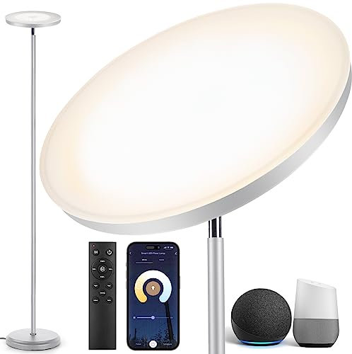 OUTON Smart LED Lampada da terra, 30W / 3000LM Lampada Luminosa Dimmerabile Compatibile con Alexa Google Home, WiFi Remote, Lampada da Terra per Soggiorno Camera da letto Ufficio, Grigio Argento